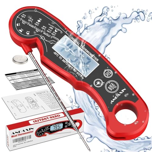 Waterproof Meat Thermometer – Ultra-Fast Digital Instant Read for Grilling and Cooking with Backlight & Calibration – Perfect for Kitchen, Deep Fry, BBQ, Grill – Red/Black, LCD Display
