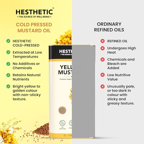 Image of HESTHETIC Cold Pressed Mustard (Sarson) Oil 5L | Pure Sarson Ka Tel | Natural-Aroma Unrefined Cooking Oil for North Indian & Bengali Cuisine | German-Tech Single-Screw Press