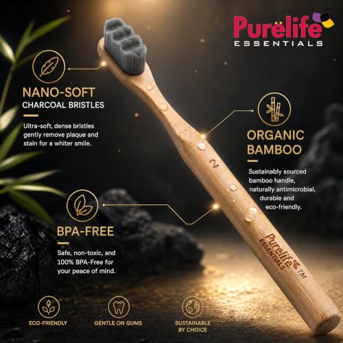 Image of Purelife Essentials Nano Bamboo Toothbrush | Ultra Soft Charcoal Infused Floss-Tip Bristles, BPA-Free, Sustainable Bamboo Handle, Eco-Friendly Packaging, Gentle Deep Cleaning for Sensitive Teeth & Gums for Unisex
