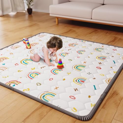 Image of Boho Rainbow Baby Play Mat 50x50 Playpen Mat Thicken Baby Floor Mat Non-Slip Cushioned Crawling Mat Letter Playmats for Babies Toddlers Infants Tummy Time Activity (50X50,White)