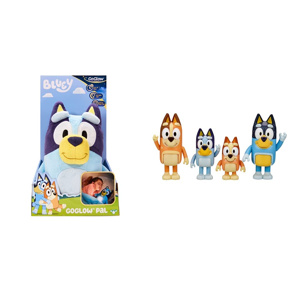 Goglow Bluey Bedtime GoGlow Pal Official Bluey Cuddly Soft Toy 2 in 1 Plush & and Family: Bingo, Bandit and Chilli 4 Figure Pack Articulated Character Action Figures