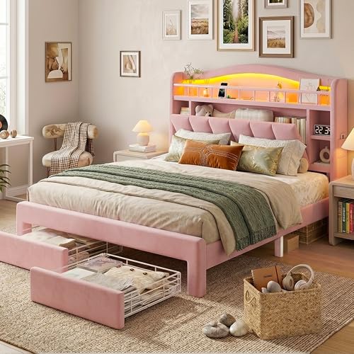 Image of Pink Queen Size LED Bed Frame with Storage Headboard, Upholstered Velvet Wood Princess Bed for Girls with 5 Charging Ports (USB-C & AC), Hidden Compartment, Sturdy Aluminum Frame & 2 Silent Drawers