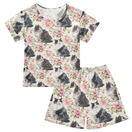 ALAZA Flower Cat Animal Blossom Pajamas Short Sleeve 2 Piece Sleepwear Top and Bottom Pajama Set Unisex