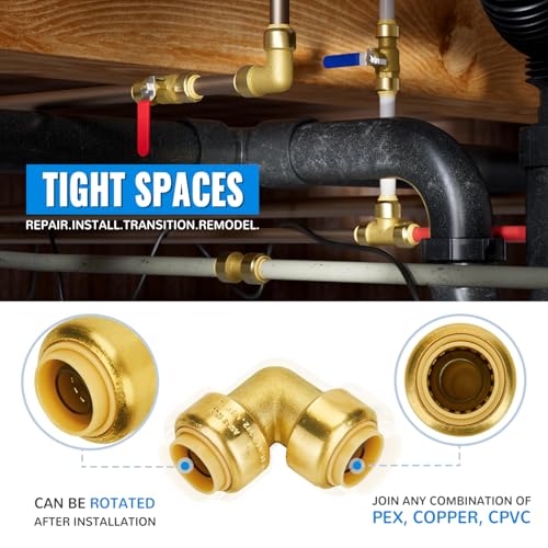 Image of 1 /2 Inch 90-Degree Elbow, Push Pex Elbow 1 /2 Inch, Brass, 6 Pack | Push-to-Connect Plumbing Fittings, for Pex Pipe, Copper, CPVC, PE-RT, with 1 Disconnect Clip