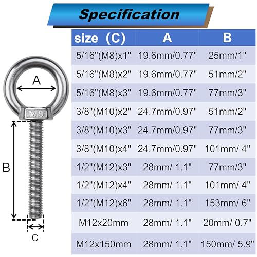 Image of 8 Pack M8 Eye Bolts with Nuts, 304 Stainless Steel 5 /16 inch x 1 inch Heavy Duty Lifting Eye Bolts, Metric M8x25mm Ring Eye Bolt for Hanging, Tie Down, Outdoor & Hardware Fixing (8, 5 /16 inchx1 inch)