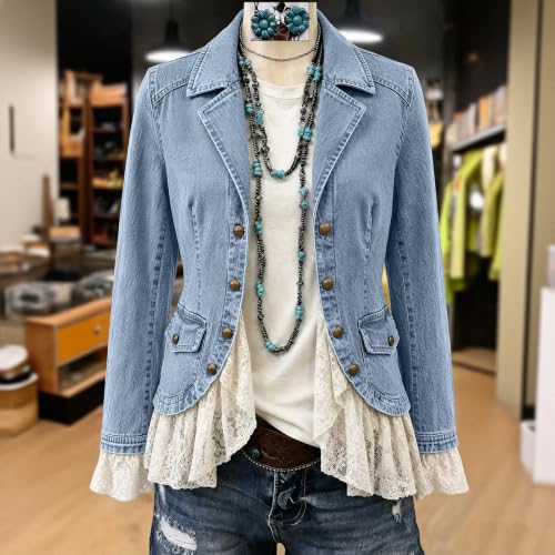 YMADREIG Women's Lace Trim Jean Jacket Western Vintage Button Down Blazer - image 4