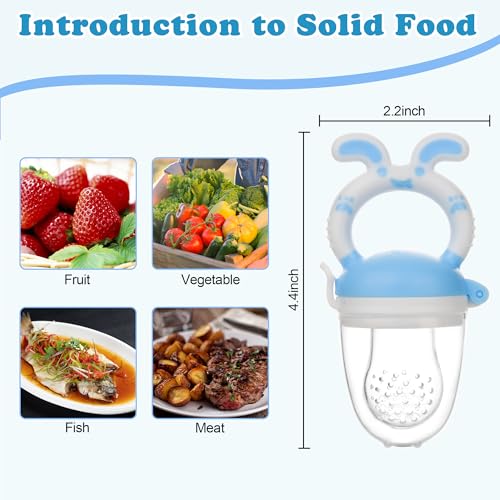 Image of WAJIAYON Baby Fruit Feeder Pacifier- 3 Pack | Infant Food Feeder Pacifier & Baby Food Dispensing Spoon | Mesh Fresh Fruit Teethers for Babies | Shower Gifts for Boys and Girls (Sky Blue)