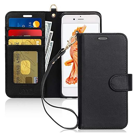 FYY Luxury Genuine Leather Wallet Case for iPhone 6 Plus/6s Plus, [Kickstand Feature] Flip Phone Case Protective Cover with [Card Holder] [Wrist Strap] for Apple iPhone 6 Plus/6s Plus 5.5" Black