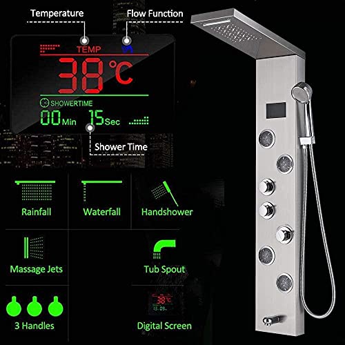 Sistema de columna de ducha para baño con pantalla LED de temperatura y jets de masaje en acabado níquel cepillado miniatura 4