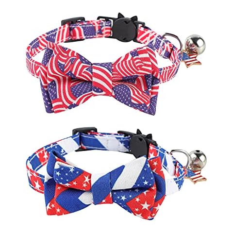 TCBOYING 2 Pack 4th of July Cat Collar with Bow Tie Bell, USA Flag Star Cat Collars Breakaway Bow tie for Kitty or Small Dog - Safety Adjustable Pet Collar Cover