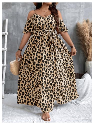 Image of OYOANGLE Women's Plus Size Summer Casual Bohemian Leopard Print Cold Shoulder Belted Wrap Split Long Maxi Dress