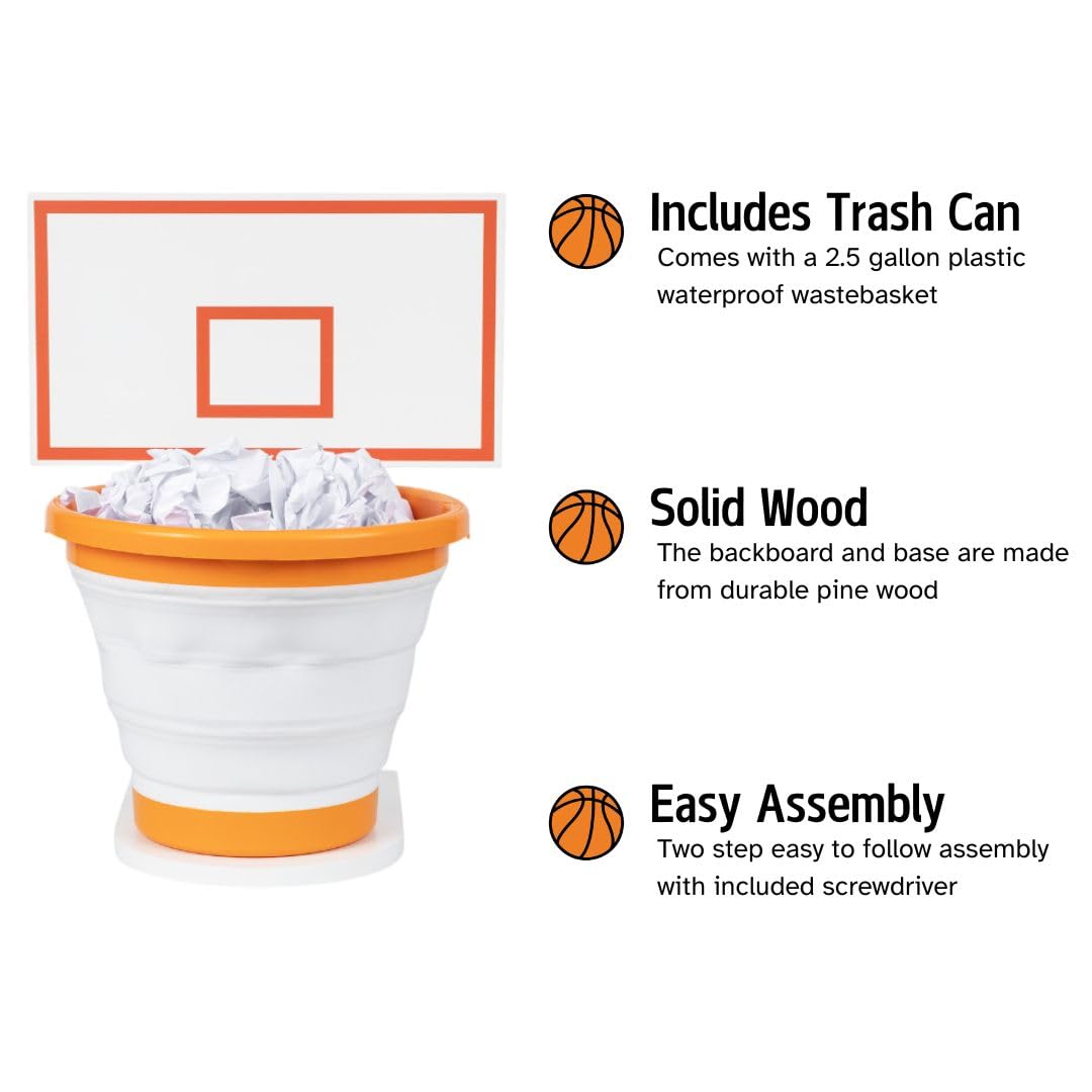 Basketball Trash Can Garbage Hoop - Complete Set with Solid Wood Backboard and Base, and Orange Basketball Garbage Can, Trash Can Basketball Bin for Kids Room, Boys Bedroom, or Office, Basketball Gift
