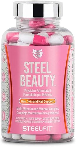 SteelFit Steel Beauty - 90 cápsulas - Apoyo de vitaminas para el cabello, la piel y las uñas, ayuda a mejorar la hidratación y la fuerza de las