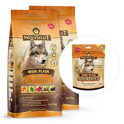 WOLFSBLUT – Wide Plain Adult | Trockenfutter mit wertvollen Superfoods für ausgewachsene Hunde. Getreidefreies Alleinfutter ohne Zusatzstoffe im Beutel | 2x12,5kg + 300g Gratis Squashies Snack