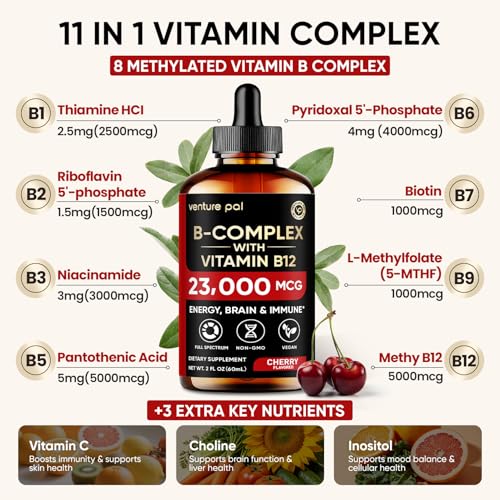 Image of Vitamin B Complex 23000mcg - Methyl B12| B9 Folic|B7 Biotin,B1,B2,B3,B5,B6 | Vitamin B Complex Liquid Drops for Men & Women with Vitamin C, Choline & Inositol for Energy, Immune & Brain Support - 2Oz