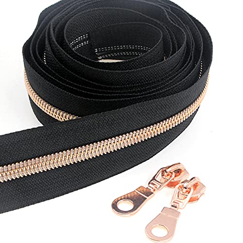 Image of #5 Rose Gold Metallic Nylon Coil Zippers by The Yard Bulk 10 Yards Black Tape with 25pcs Rose Gold Sliders for DIY Sewing Tailor Craft Bag Leekayer(Black)