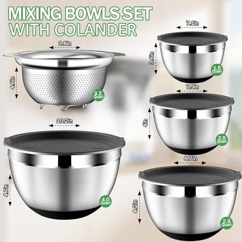 Stainless Steel Mixing Bowls Set with Lids and Colander, Non-Slip Bottom, 4-Piece Kitchen Gadget Gift - Black