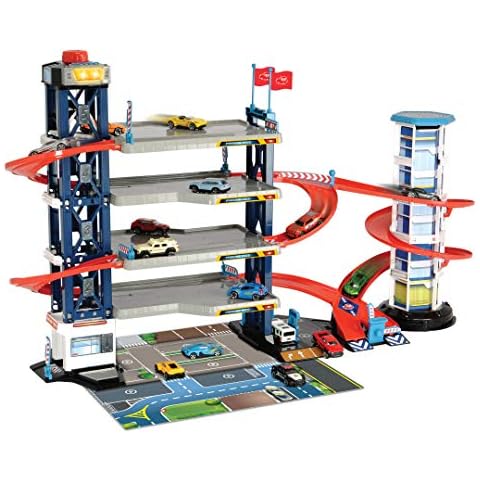 Dickie Toys 203749008 Garage, Playset, Car Park, 4 Floors, Elevator, 4 Die-Cast Vehicles, 1 Helicopter, Light & Sound, Single, Multicoloured, 87 x 52 cm Cover
