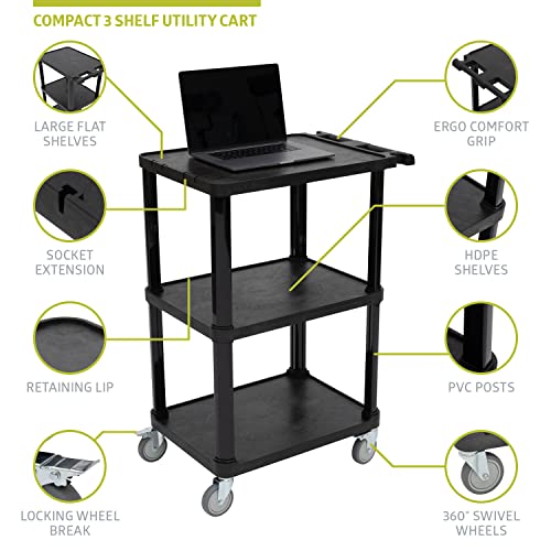 Image of Pearington 3-Tier Compact Multi-Purpose Plastic Utility Cart with Lockable Wheels up to 300LBS, Black
