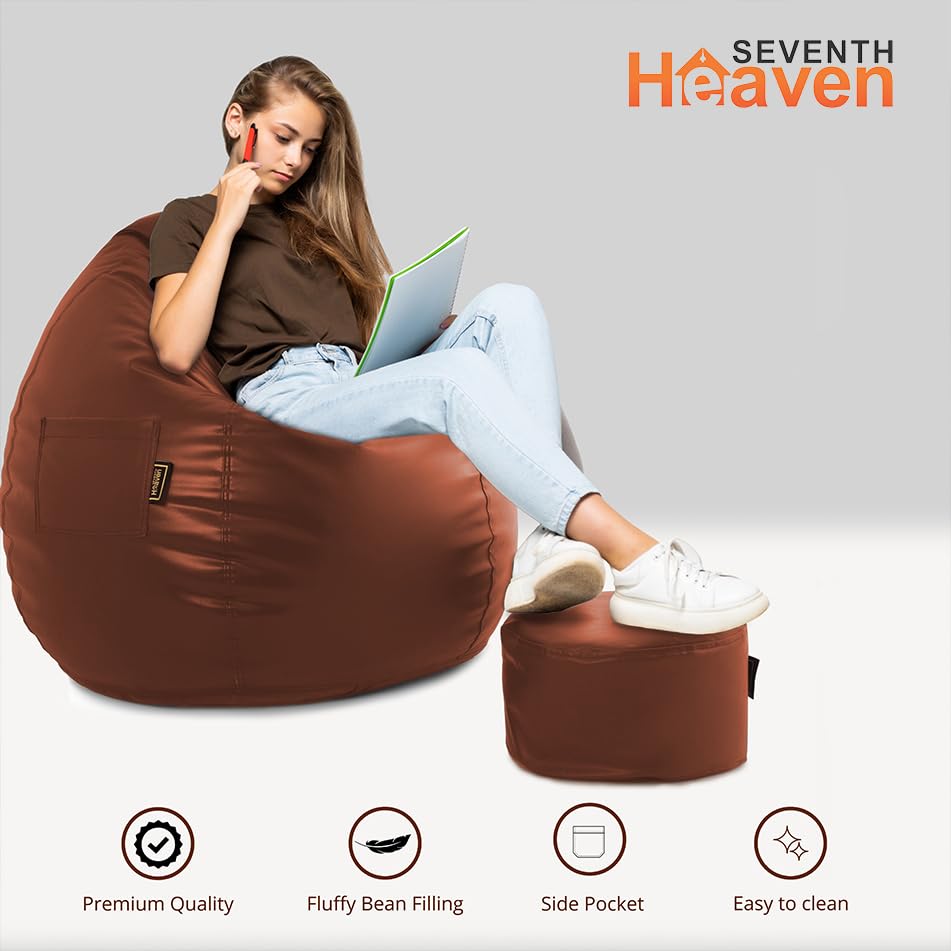 Image of Seventh Heaven 4XL Bean Bag Cover with Footrest and Cushion | Premium Scratch Resistant Leatherette | Tear Drop Bean Bag Sofa | Tan Leatherette Fabric