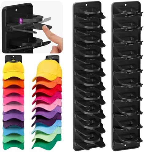 Spring-Loaded Hat Organizer for Baseball Caps (2 Pack) – Holds 20 Caps, Quick Insert & Smooth Release with Secure Hold, Wall Mount for Closet or Door with Adhesive & Screws – Black