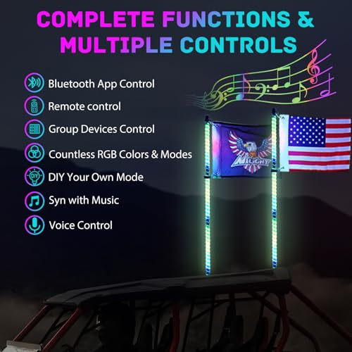 Image of Nilight LED Whip Light 2 PCS 4FT COB RGB Lighted Antenna Whips with Spring Base Remote & App Control DIY Patterns Turn Brake Reverse Lights for Can-am Offroad ATV UTV RZR Polaris Dune Buggy Truck