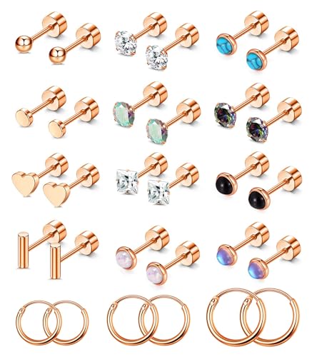 PLOMFOV Flat Back Earrings Gold Earrings for Women Men Stainless Steel Earrings Set CZ Heart Opal Surgical Steel Earrings Gold Studs 20G Cartilage Hoop Earrings Hypoallergenic for Sensitive Ears