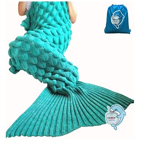 LAGHCAT Mermaid Tail Blanket with Scale Knit Crochet Mermaid Blanket for Adult,Sleeping Blanket,71"x35.5", Green Cover
