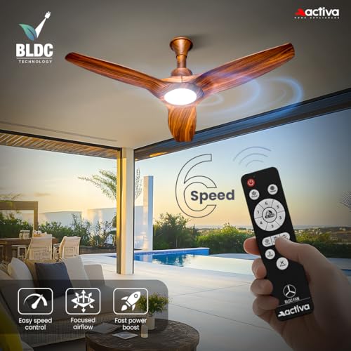 Image of ACTIVA Silentair 1200mm BLDC Ceiling Fan with LED Light & Remote Control | 28W BEE 5 Star Energy Efficient Fan | High Airflow | Low Noise | Reversible Mode | Premium ABS Body | Wooden Finish