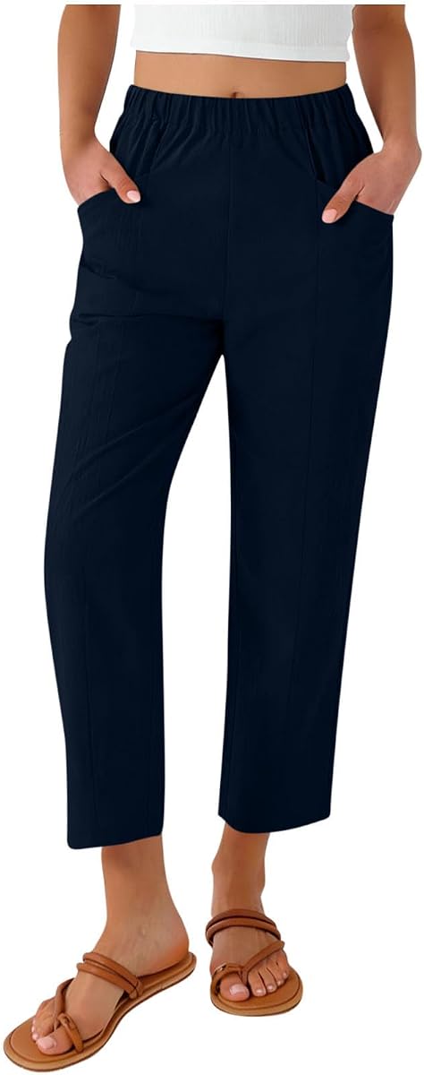Capris Pants for Women Summer Casual Loose Elastic High Waist Straight Leg Lounge Beach Cropped Trouser with Pockets