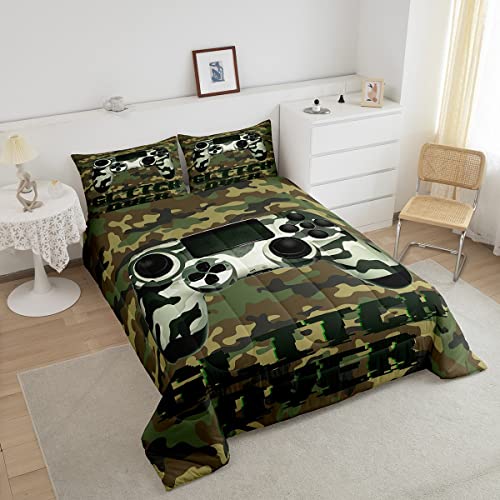 Erosebridal Camouflage Gaming Comforter Set For Boys,Kids Teens Gamer Gamepad Comforter Set,Video Games Duvet Insert Youth Man Room Decorative Down Comforter And 2 Pillow Shams,Full Size,Army Green #TOP2
