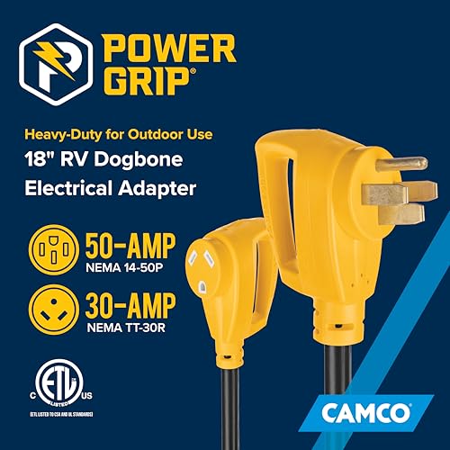 Image of Camco PowerGrip Dogbone RV Electrical Adapter - Features Heavy-Duty 50-Amp Male and 30-Amp Female Connections - Crafted of 100% Copper 10 /3-Gauge Wires & Rated for 125V /3750W (55175) | NEMA 14-50P to TT-30R, rated 125V /3750W, copper 10 /3-gauge wires, flame-retardant PVC jacket, 90-degree strain-relief heads