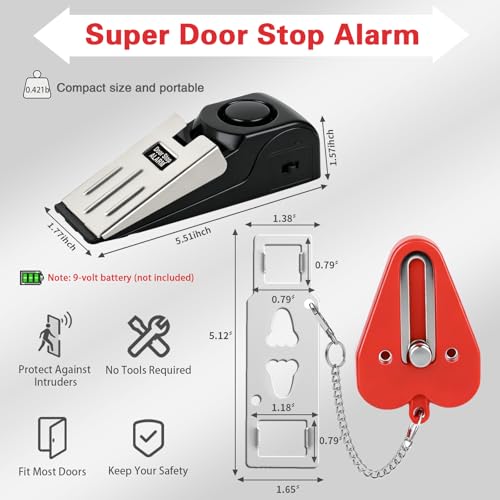 Portable Door Lock & Door Stop Alarm Set, Dual Protection Home Security Door Kit, Travel Hotel Lock Devices Pocket Self Defensey Tools for Traveling Hotel Home Apartment,Red - Image 3