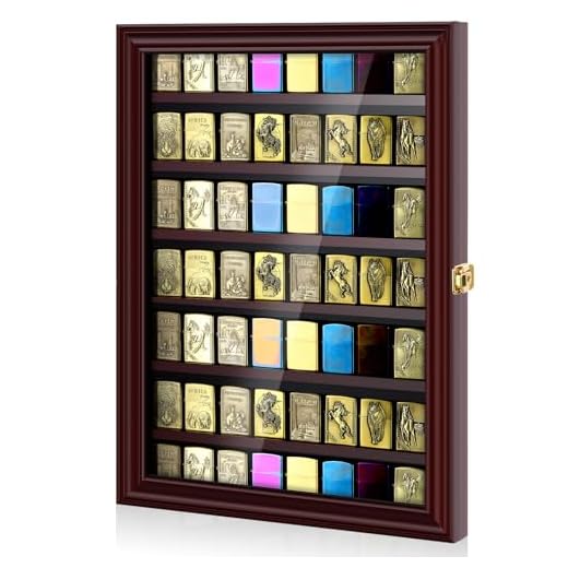 Silipull 56 Lighter Display Case Wall Mount Display Case for Lighter Detachable Wooden Cabinet W/98% UV Acrylic Door Lockable Spoon Storage Box for Collection, 19.3 x 14 x 1.57 Inch, Cherry Finish