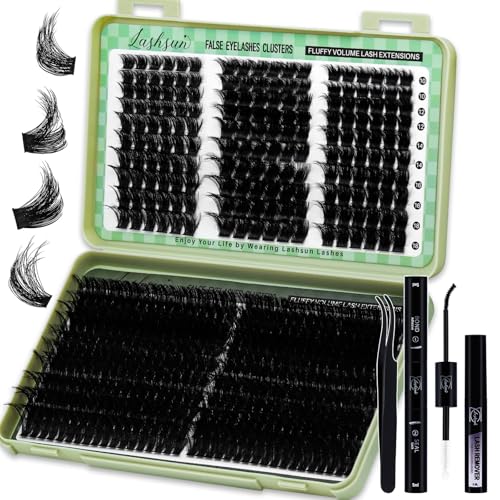 LASHSUN Lash Clusters Kit 540pcs D Curl 4 Styles 10-22mm Wispy Cluster Lashes Kit Soft and...