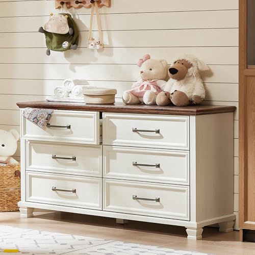 SAVOR LIFE Farmhouse 6 Drawer Dresser for Bedroom, 54 inch Wide Large Vintage Chest of Drawers with...