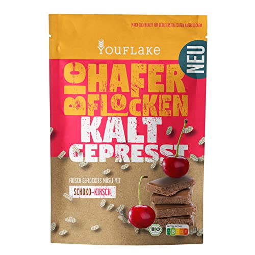 YouFlake Kaltgepresste Bio Haferflocken Schoko-Kirsch | 320 g | Müslimischung Mit Haferflocken, Schokolade und Kirschen | schonend und frisch gepresst