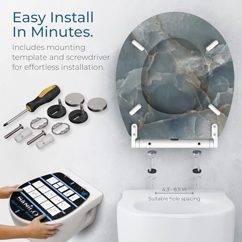 Image of Sanilo Wooden Toilet Seat with Quick Release & Soft Close [ROUND] - Decorative & Slow Close Molded Wood Seat - With One Click for Easy Installation & Cleaning - With Adjustable Fit (Marble Italia)