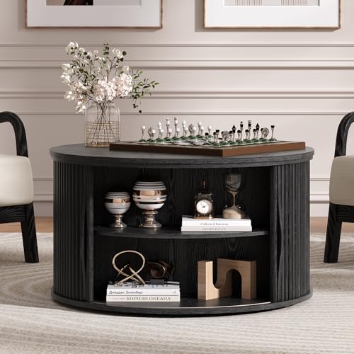 Image of JOINICE Round Lift Top Coffee Table with Storage for Living Room,Black | 31.5 inch Drum Design,Hidden Storage&Open Shelf,Modern Fluted Center Table for Small Apartments,Easy Assembly,Up to 150 lbs