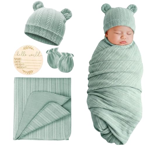 Image of DRESHOW BQUBO Newborn Receiving Blankets for Baby Girl Boy Swaddle with Bear Hat No Scratch Mittens Announcement Card Set for 0-3 Months