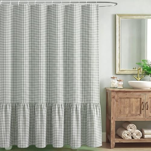 HunnmingRe Ruffle Hem Gingham Shower Curtain 72 x 72 Inch Sage Green Cotton Vintage Farmhouse Rural Checkered Plaid Shower Curtain with 12 Hooks for Bathroom Bathtubs Decor