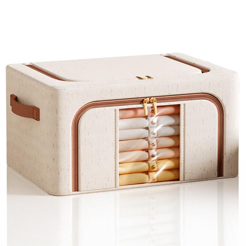 Image of PRIME PICK Storage Box & Cloth Organiser clothes organizer cotton linen Wardrobe Organizer for Storage Foldable Washable Box with Lid Metal Frame & Handles Ideal for Almirah Drawer