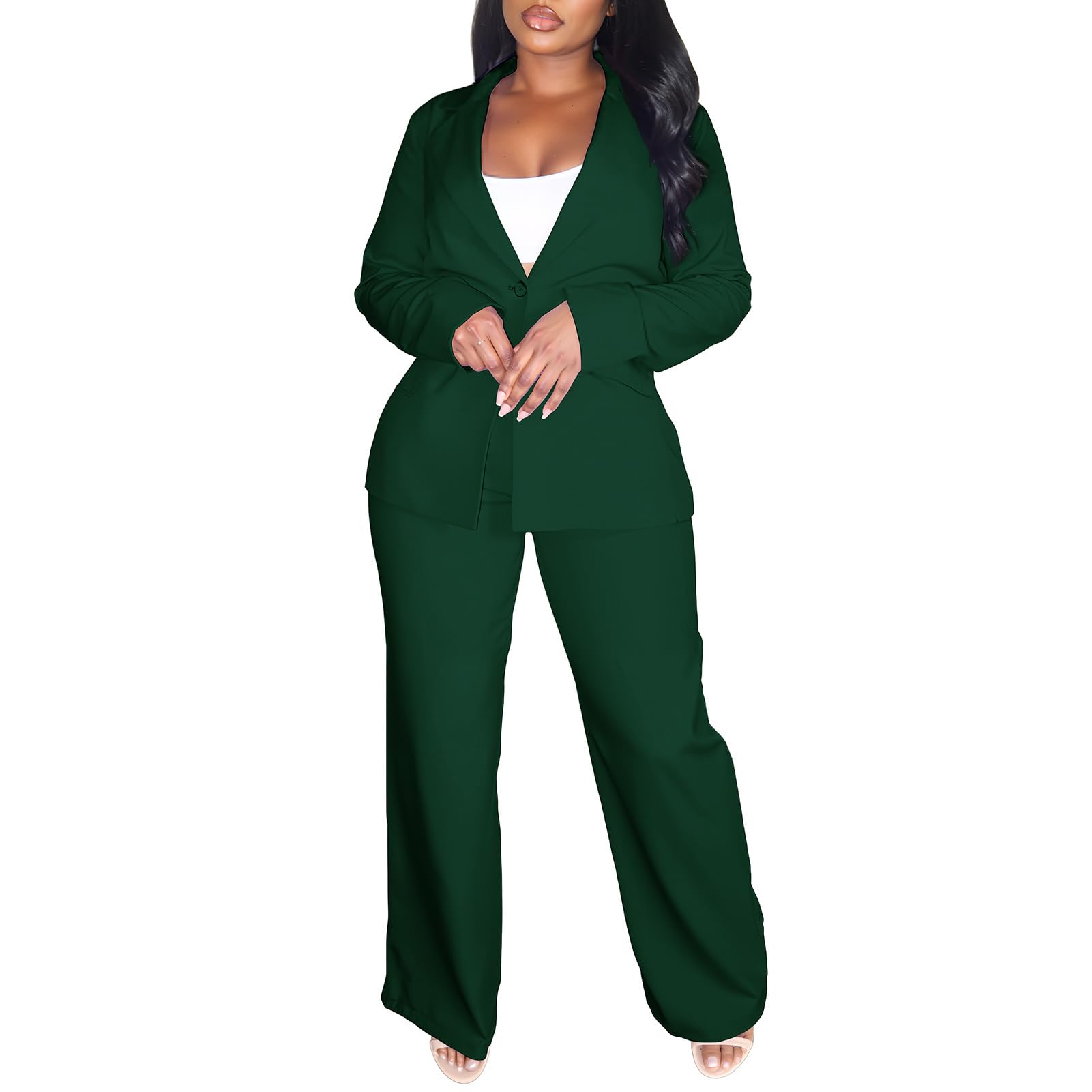 Elainone Pant Suits for Women Professional 2 Piece Outfits Solid Color Button Down Business Casual Blazer Sets