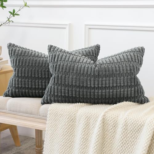 JOTOM Set of 2 Corduroy Soft Striped Cushion Covers 30x50 cm Boho Decorative Throw Pillow Covers Lumbar Cushion Case Couch Home Decor Pillowcases for Sofa Bedroom 12x20 Inch (Smoky Grey) - Image 3