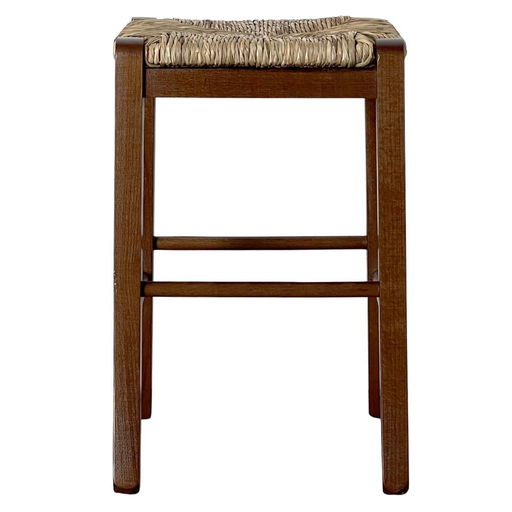 OKAFFAREFATTO MADDALONI Taburete bajo de madera con asiento cuadrado de 30 x 30 cm, de paja de nogal oscuro, altura 47 cm, ya montado con patas de sable