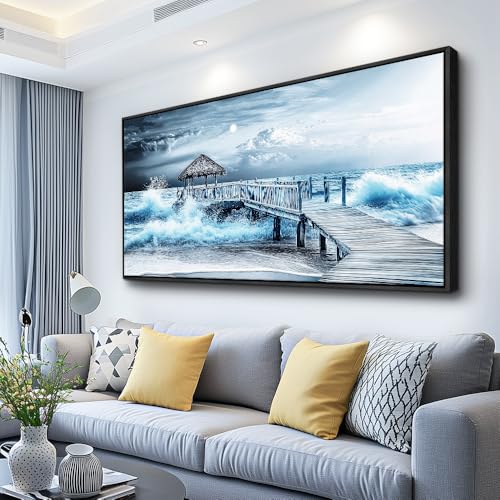 ERQINHUA Large Canvas Wall Art For Living Room Wall Decor For Bedroom Office DecorBlue Wave Landscape Painting Black Frame Artwork For Modern Stretched and Framed Beach Posters Home Decor 30"X60"