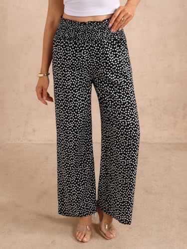 Women's Floral Print Wide Leg Flowy Pants Shirred High Elastic Waist Boho Trousers4