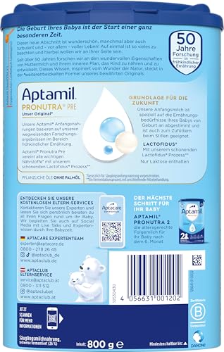 Aptamil Pronutra PRE – Anfangsmilch von Geburt an, Mit DHA, Nur Laktose, Ohne Palmöl, Babynahrung, Milchpulver, 1x 800 g