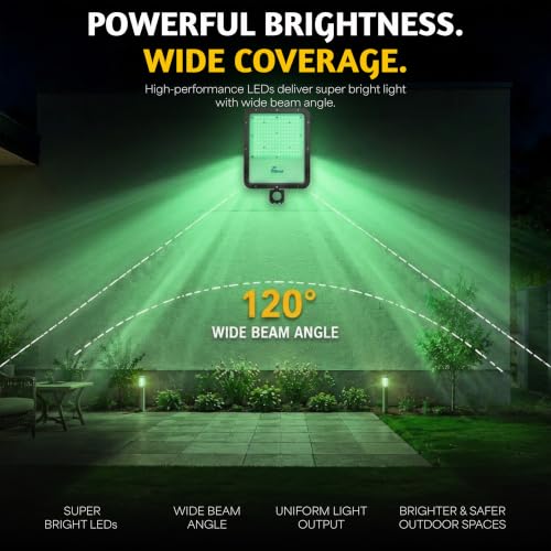 Image of Forus 150W LED Flood Light Green with Motion Sensor Auto On Off Day Night Mode Waterproof Outdoor Security Light for Garden Parking Garage Factory Warehouse High Bright Floodlight 4Yr Warranty-1Pc