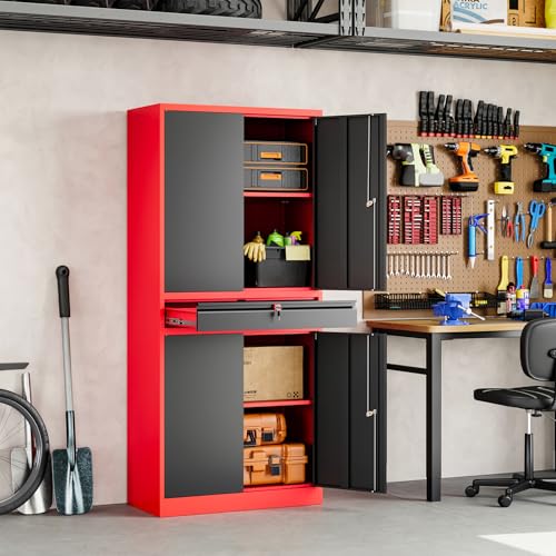 Image of Yizosh Metal Garage Storage Cabinet with Locking Doors and Adjustable Shelves,- 71 inch Tool Storage Cabinet with 1 Drawer for Garage,Office,Warehouse